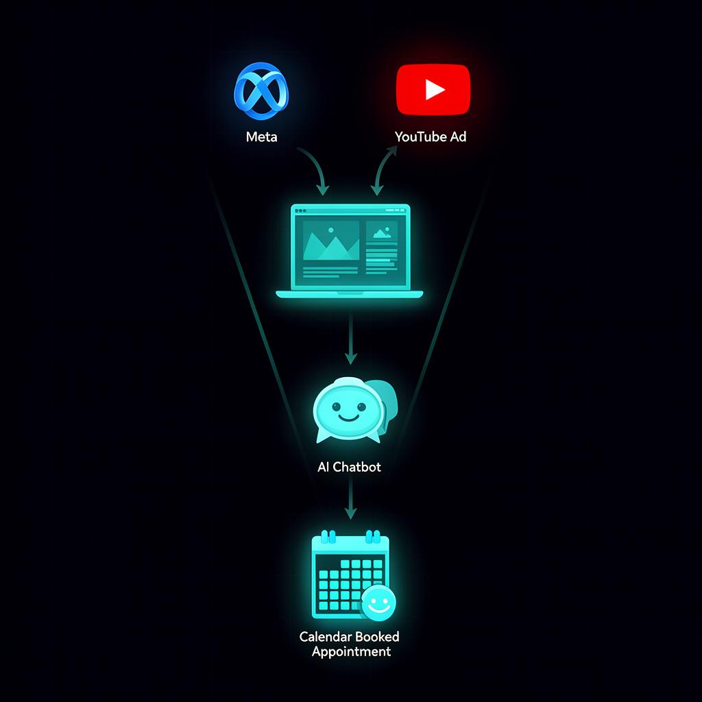 Marketing funnel: Meta Ads and YouTube to Landing Page to AI Chatbot to Booked Appointment